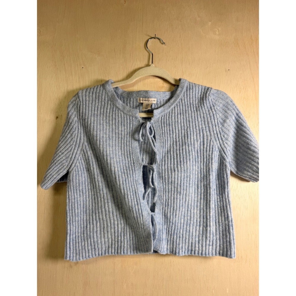 Sincerely Jules Cardigan Women Medium Blue Excellent Ribbed Tie Front ST23477